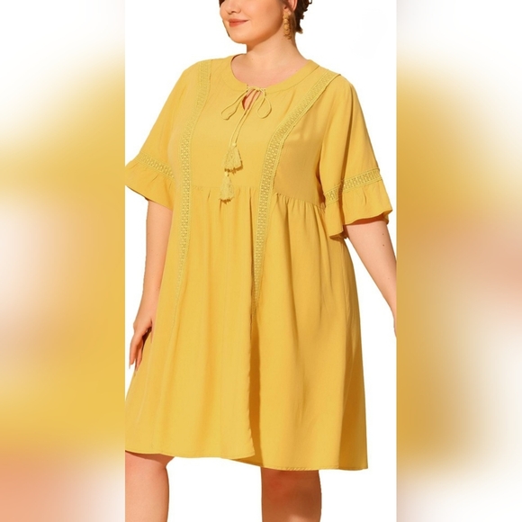 Yellow Midi Dress with Tassel Detail, Cottagecore, Boho, babydoll 2x Lightweight - Picture 7 of 8